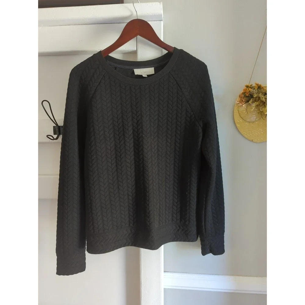 LOFT Women's M BLACK Textured Pullover Sweatshirt - Picture 2 of 8